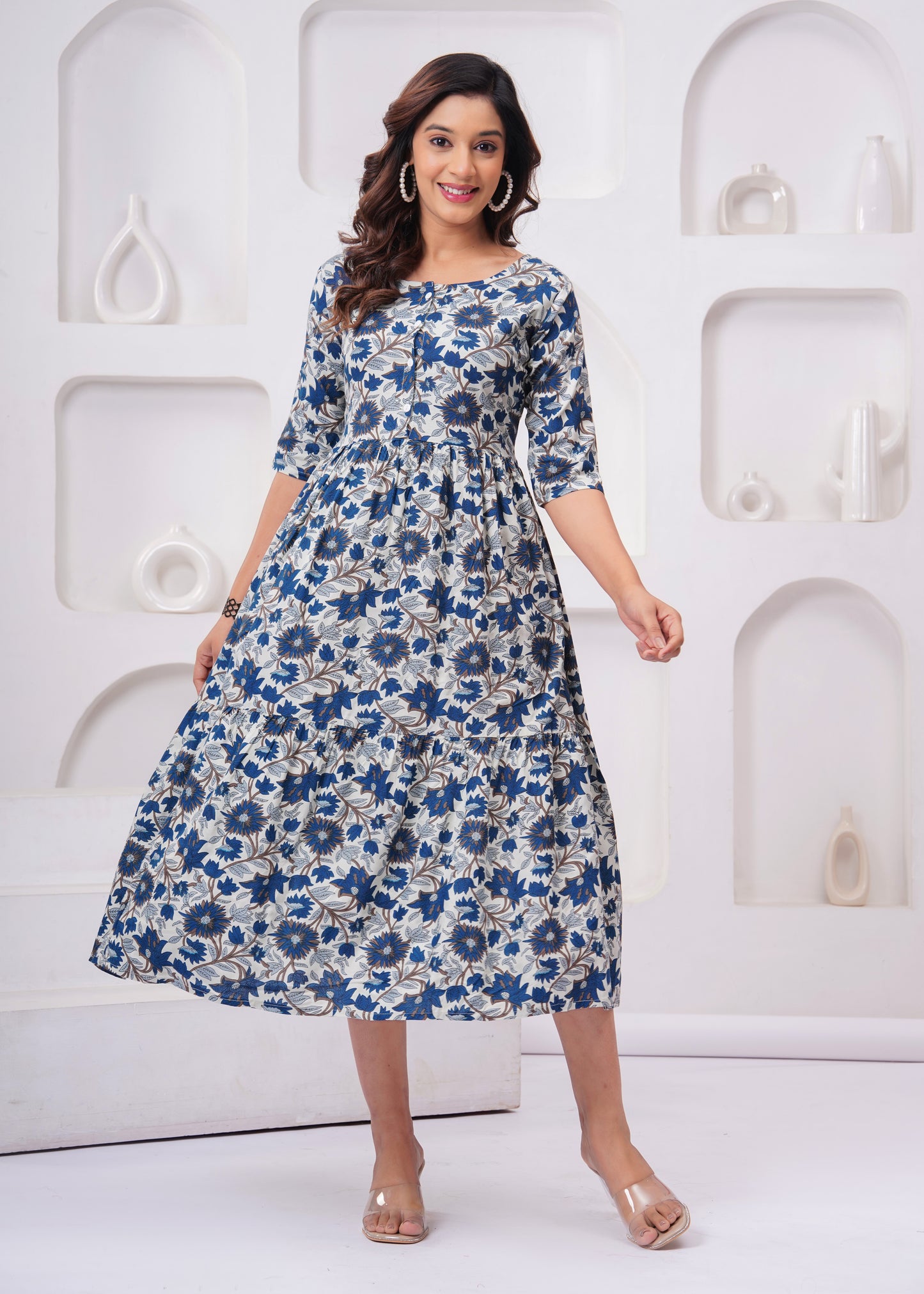 Elegant Blue & White Floral Anarkali Kurti – Chic & Comfortable