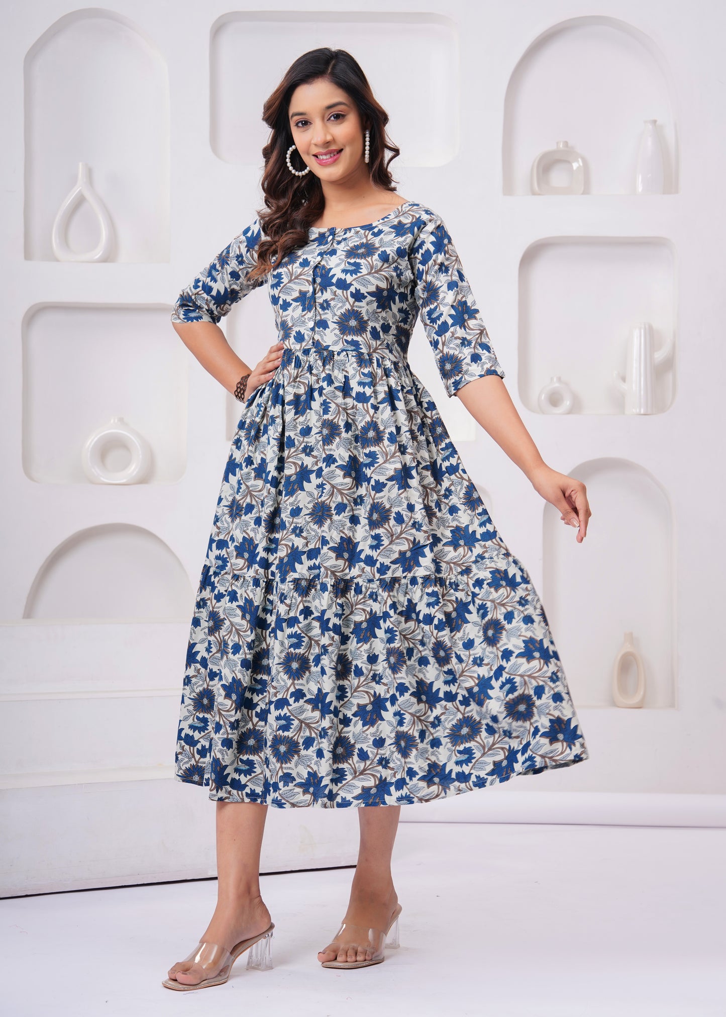 Elegant Blue & White Floral Anarkali Kurti – Chic & Comfortable