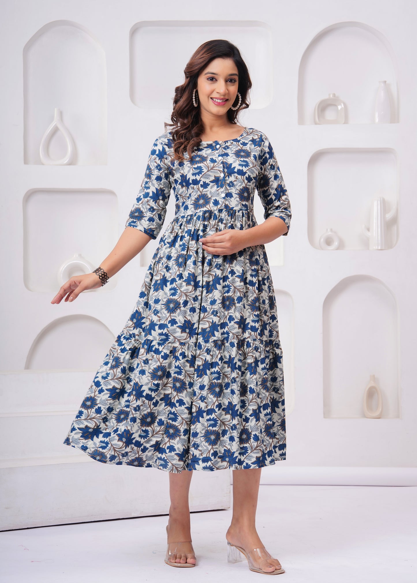 Elegant Blue & White Floral Anarkali Kurti – Chic & Comfortable