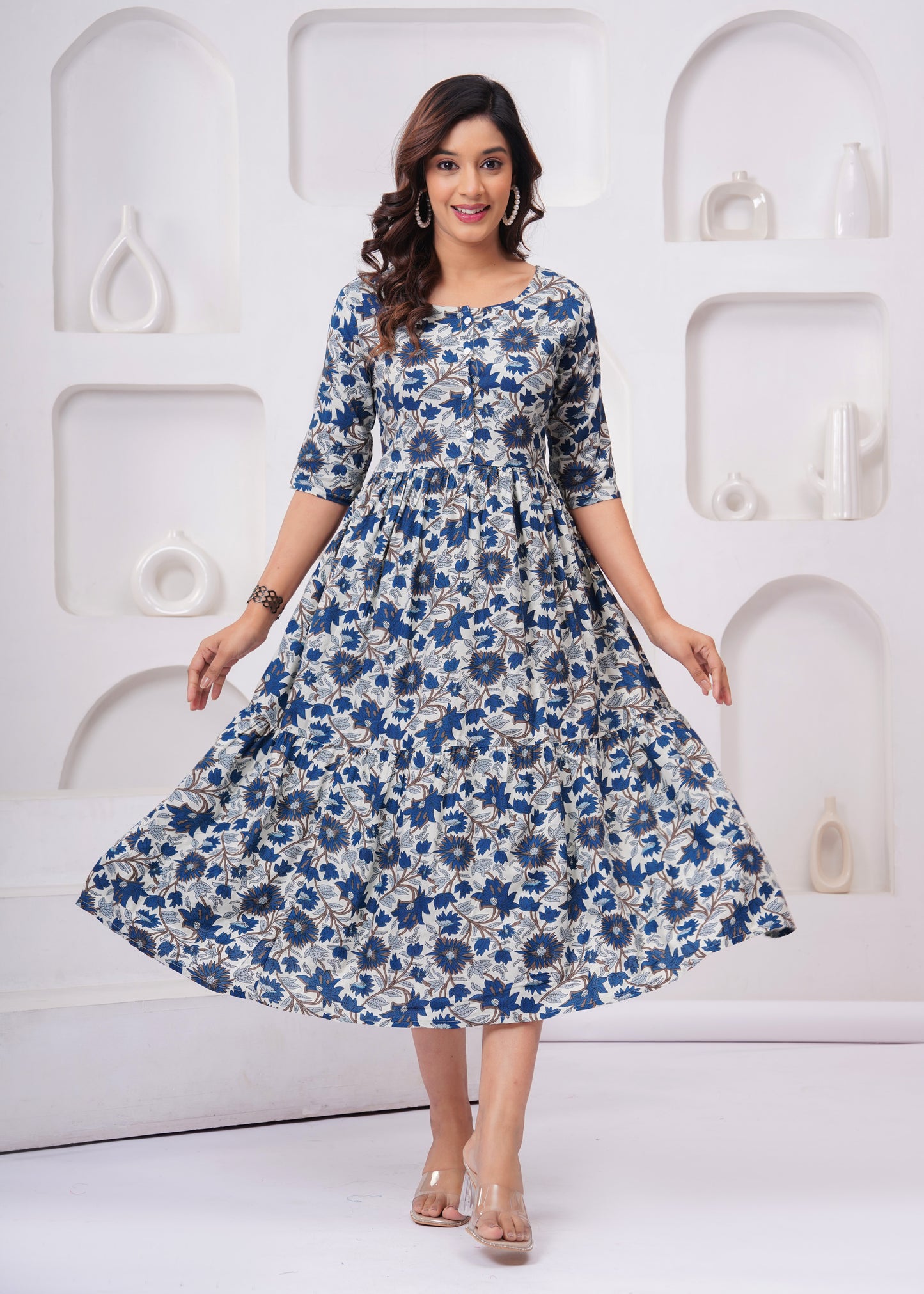 Elegant Blue & White Floral Anarkali Kurti – Chic & Comfortable