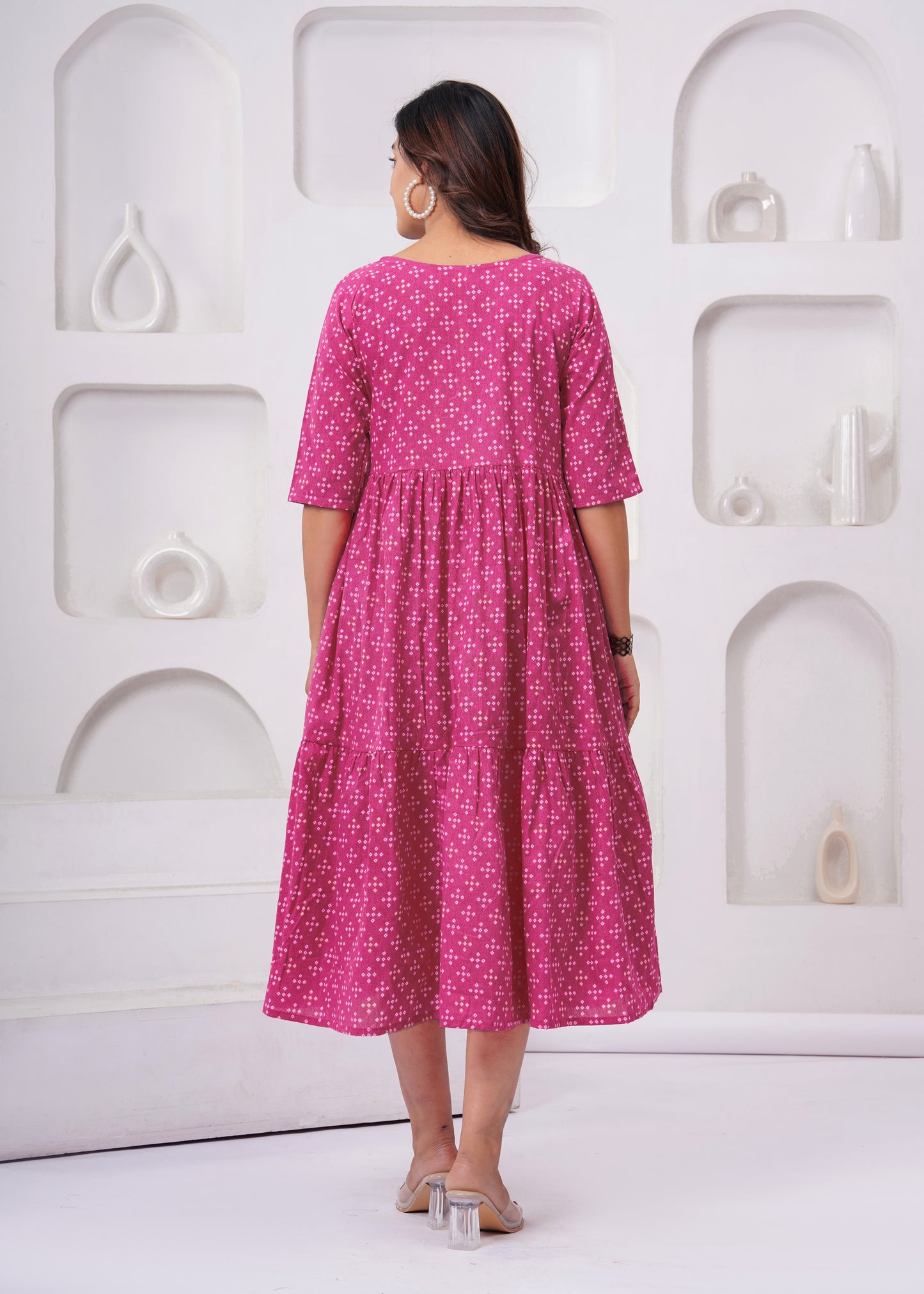 Women's Pink Printed Flared Kurti with 3/4 Sleeves