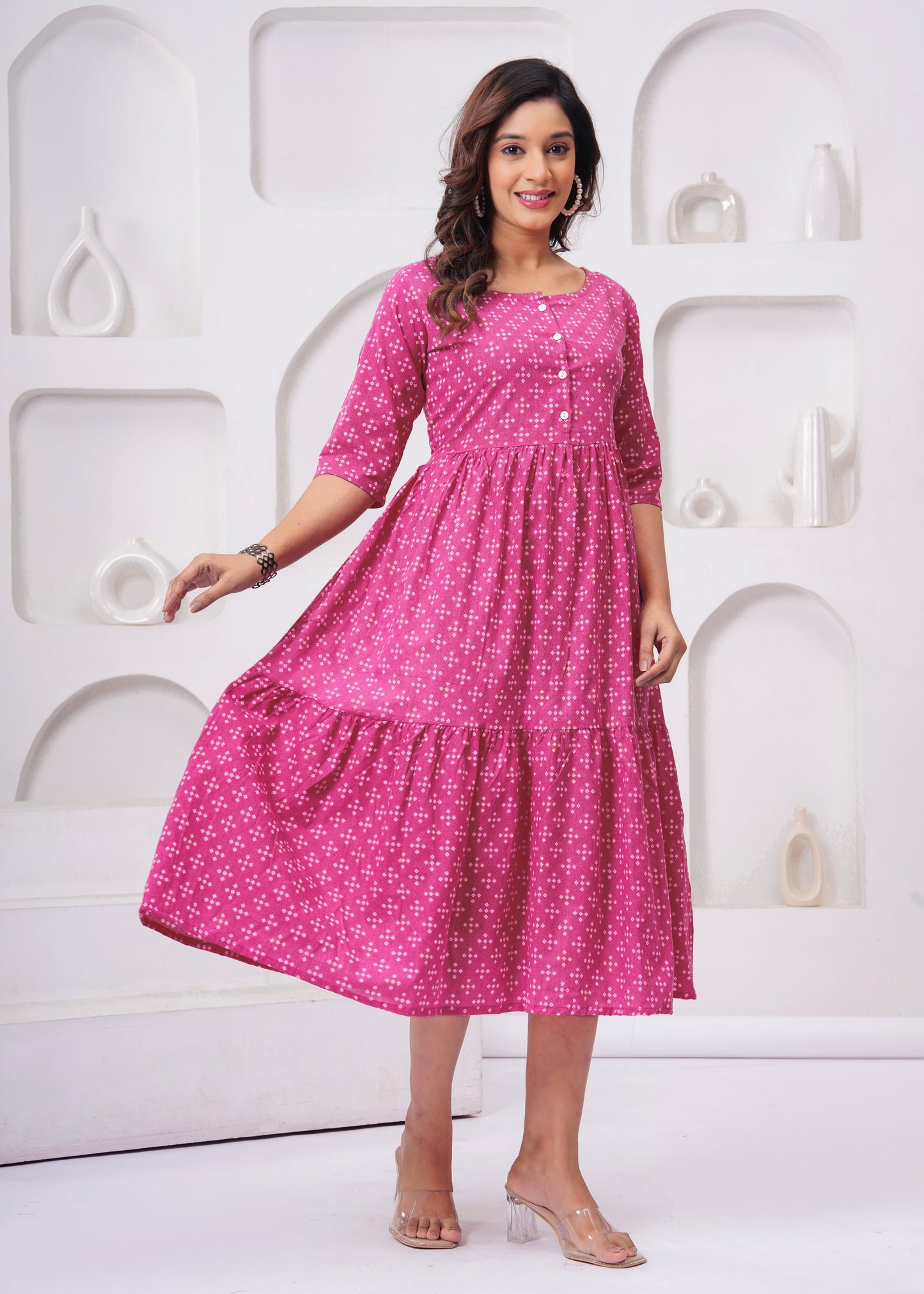 Women's Pink Printed Flared Kurti with 3/4 Sleeves