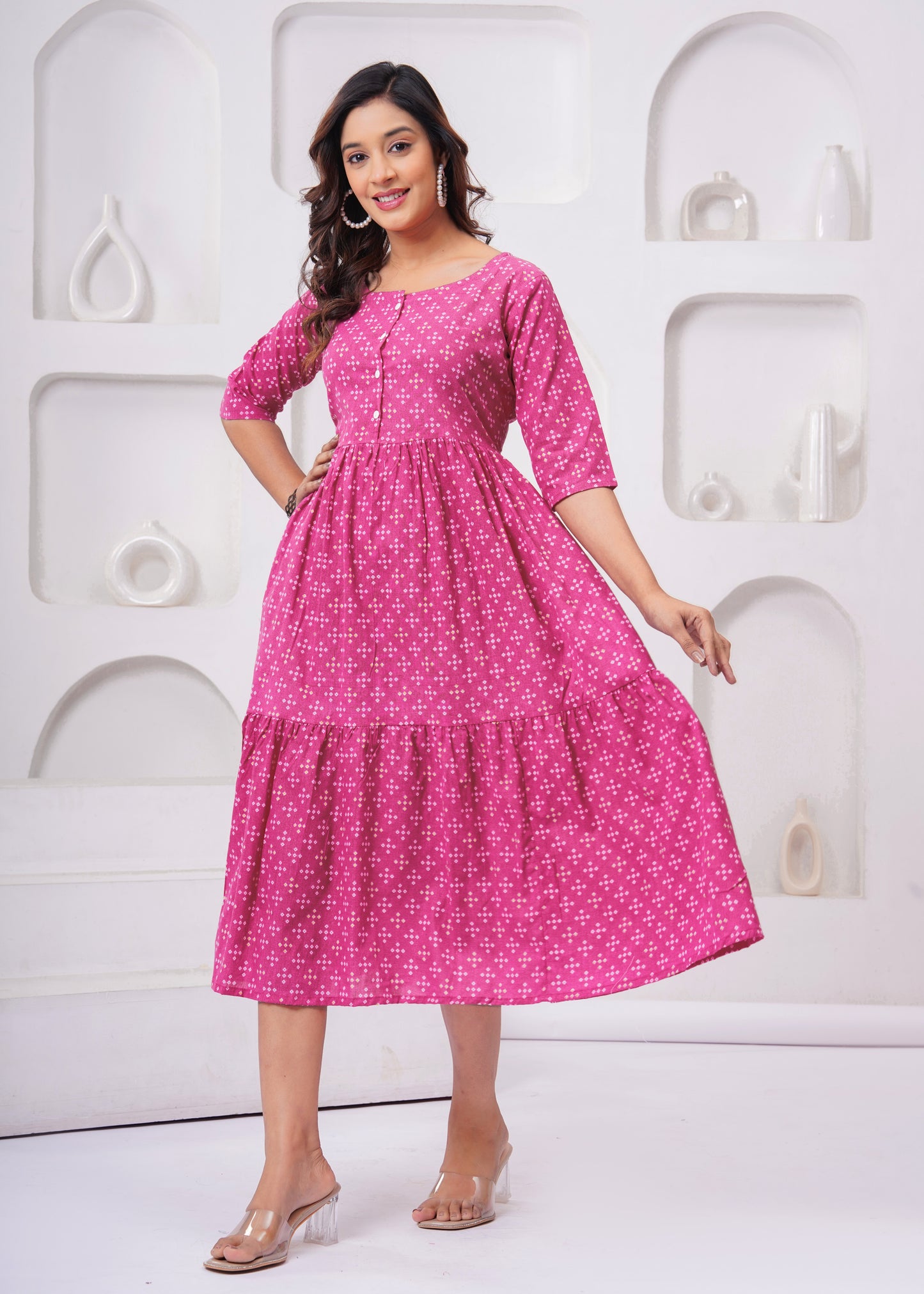 Women's Pink Printed Flared Kurti with 3/4 Sleeves