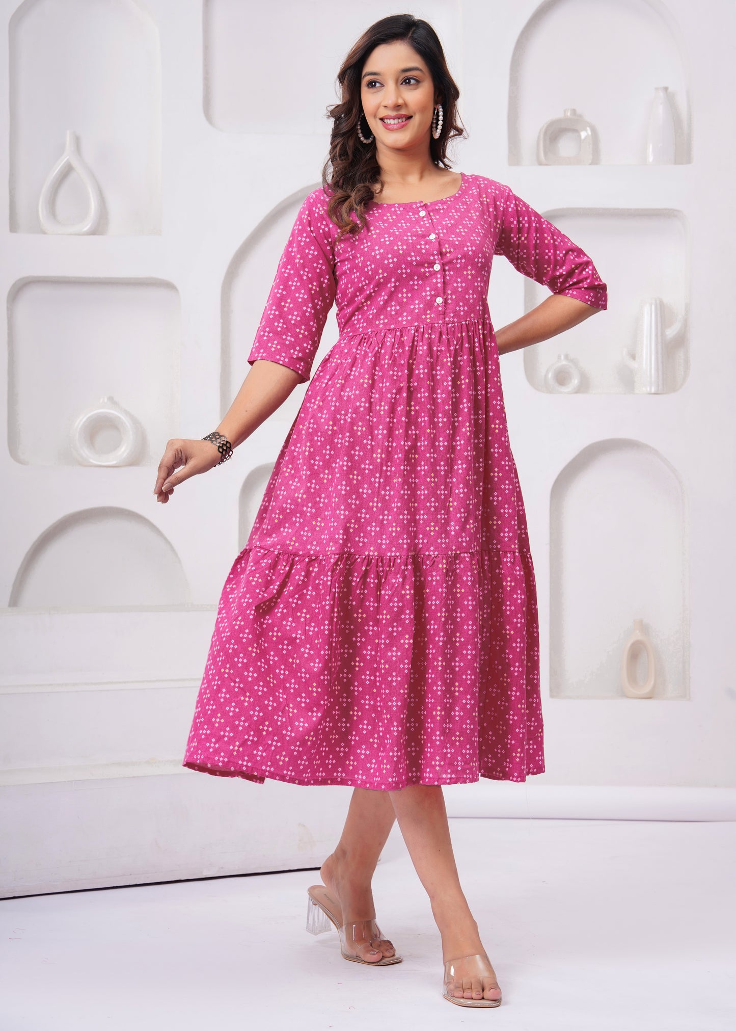 Women's Pink Printed Flared Kurti with 3/4 Sleeves