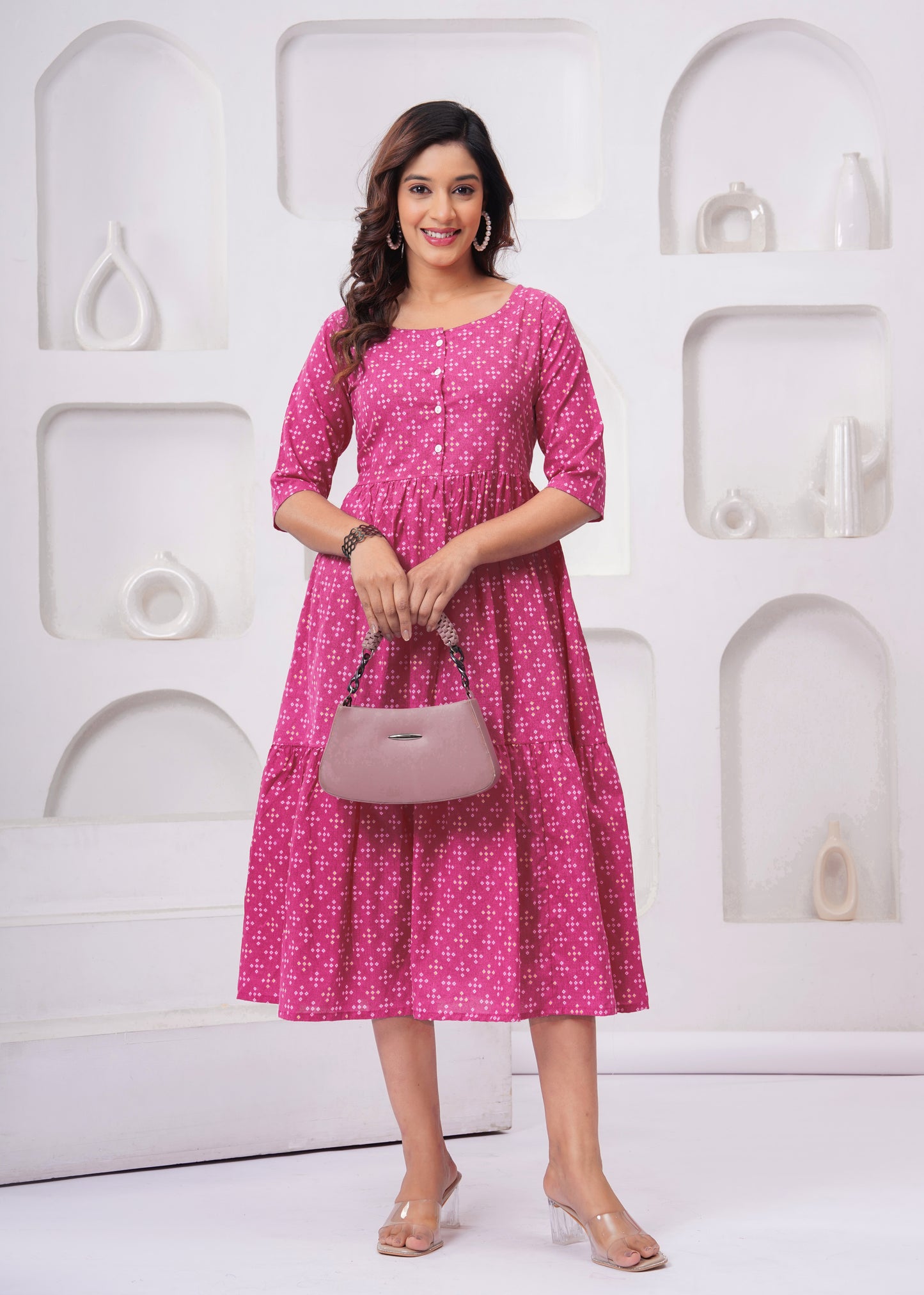 Women's Pink Printed Flared Kurti with 3/4 Sleeves