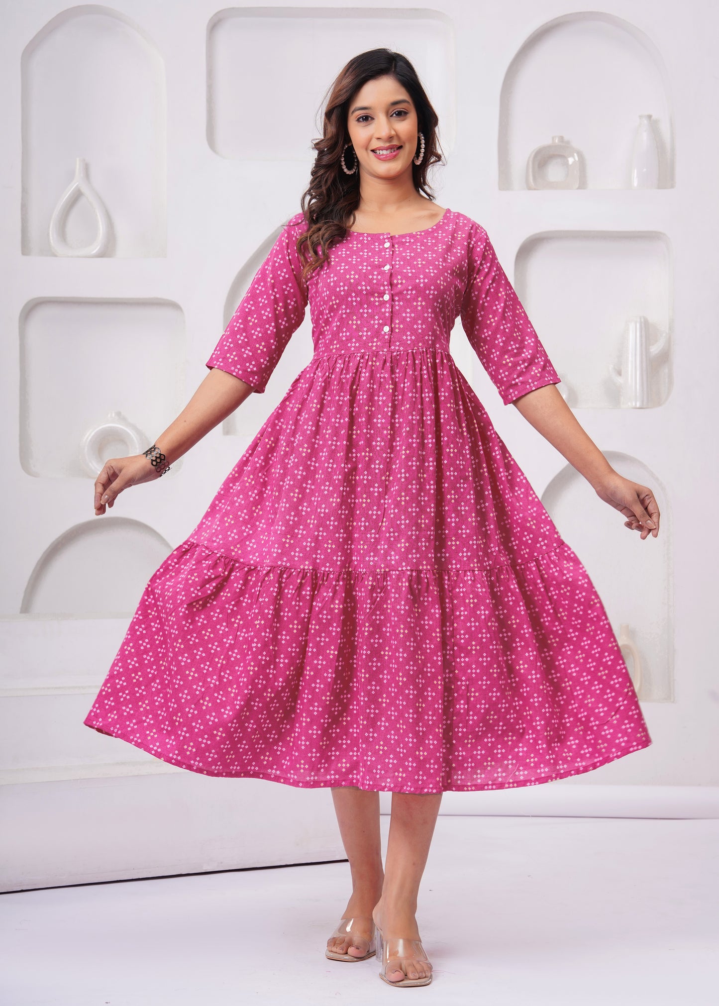 Women's Pink Printed Flared Kurti with 3/4 Sleeves