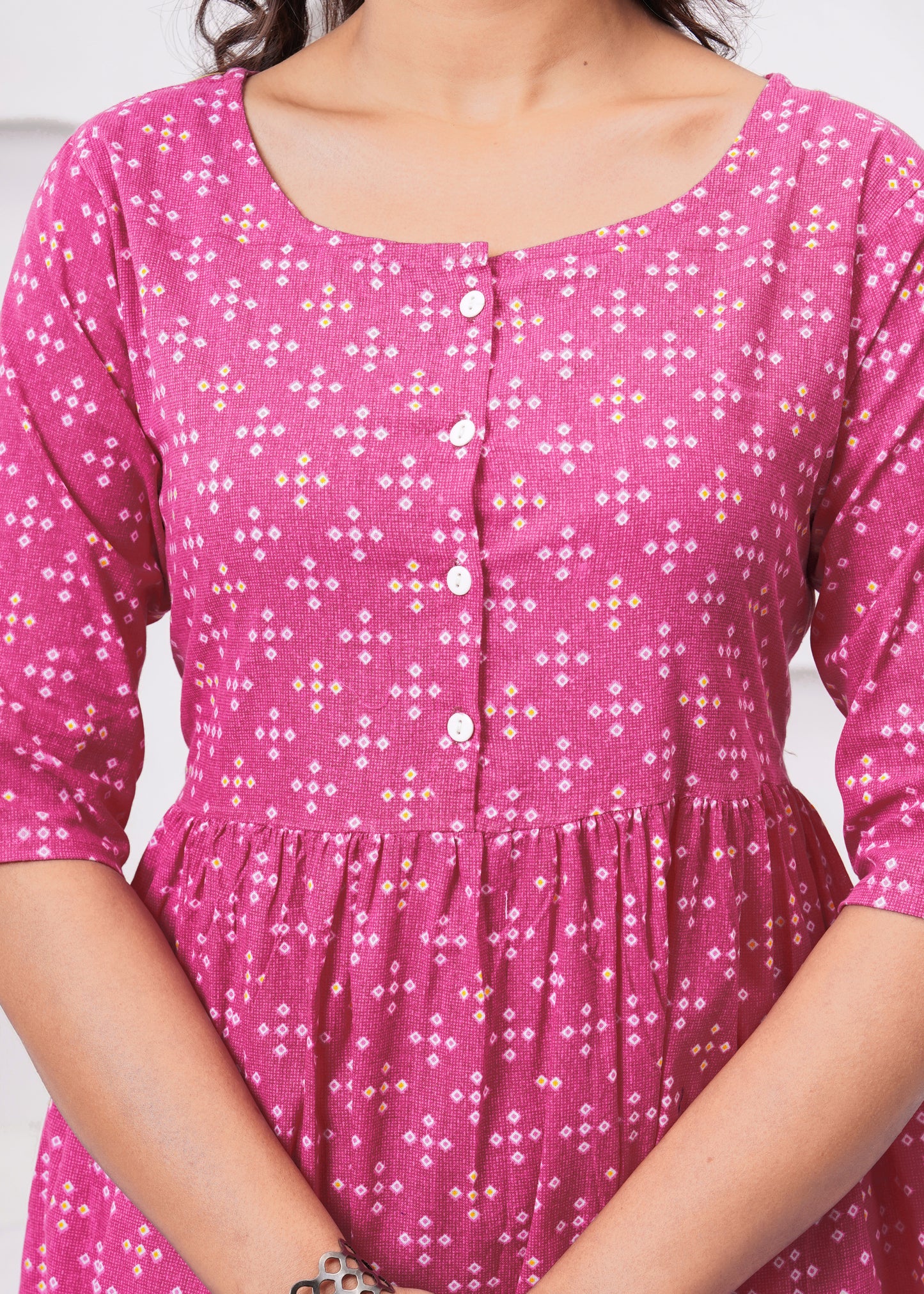 Women's Pink Printed Flared Kurti with 3/4 Sleeves