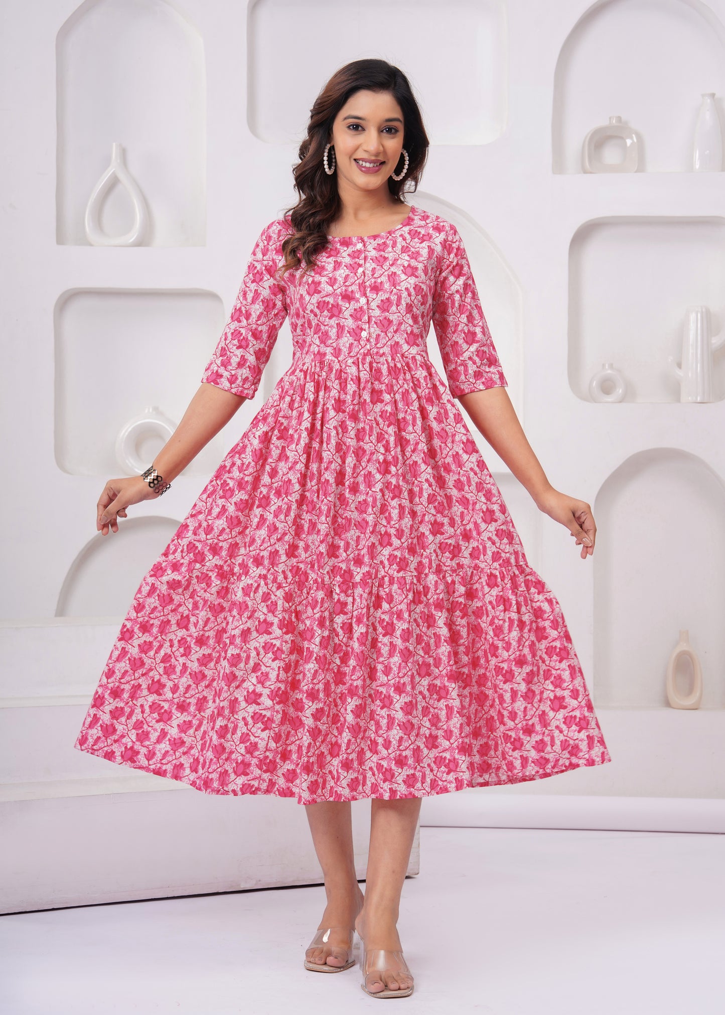 Graceful Pink & White Floral Anarkali Kurti – A Must-Have!