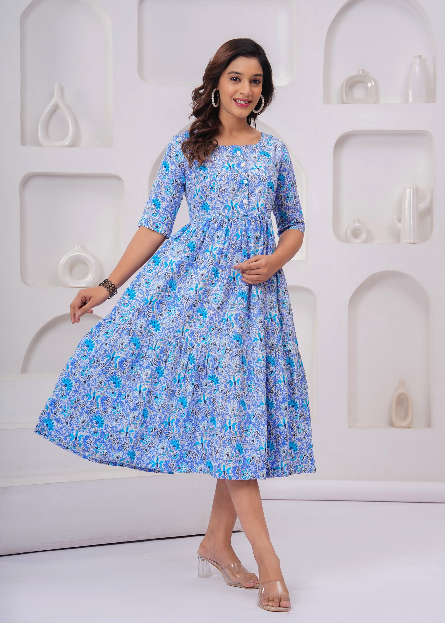 Elegant Sky Blue Floral Anarkali Kurti – Timeless Charm!