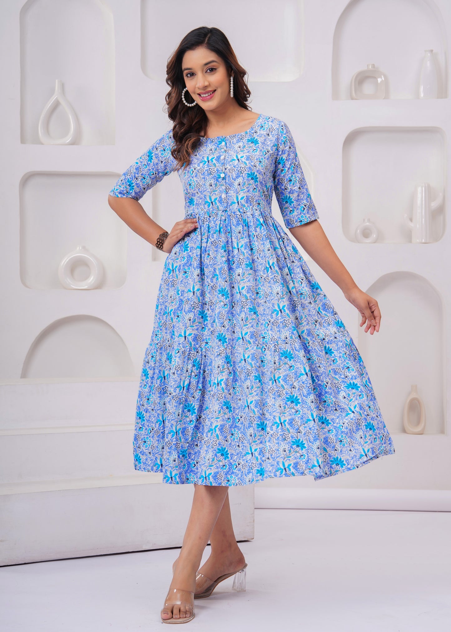 Elegant Sky Blue Floral Anarkali Kurti – Timeless Charm!