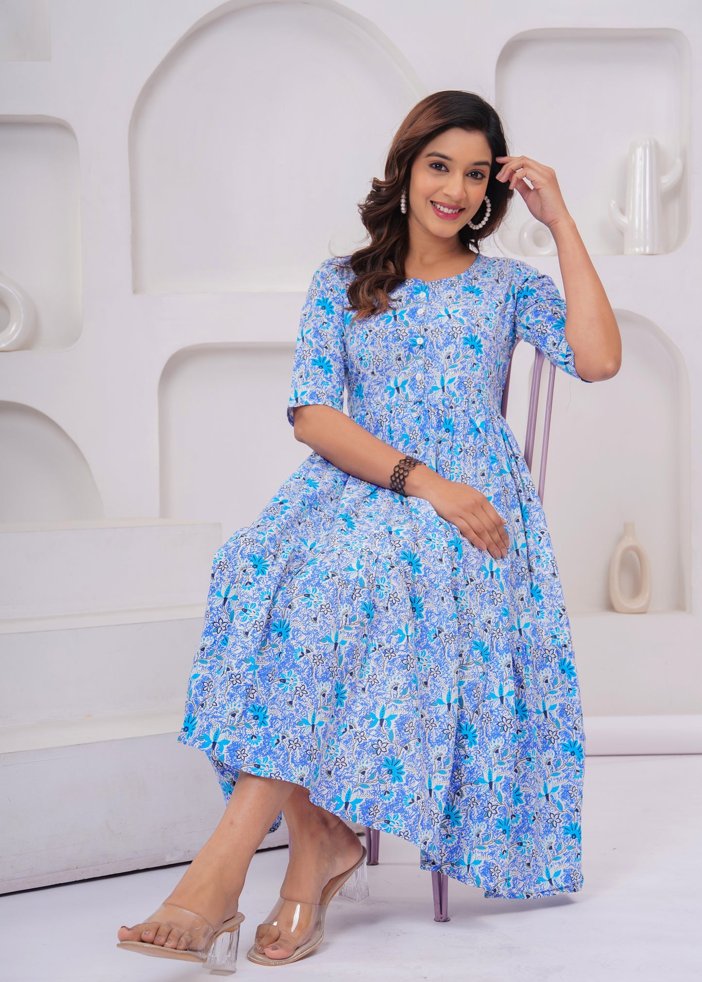 Elegant Sky Blue Floral Anarkali Kurti – Timeless Charm!